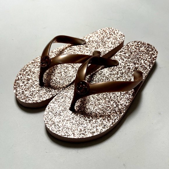 NWB MICHAEL KORS Glitter Flip-Flop Sandals Slide On Thong Rose Gold - Picture 2 of 7